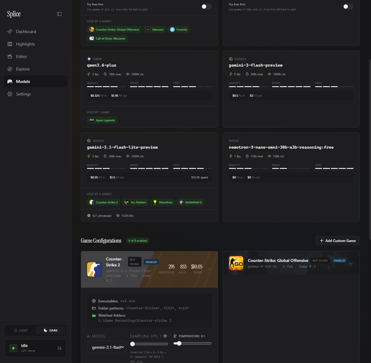Vision model selector in the per-game settings dialog
